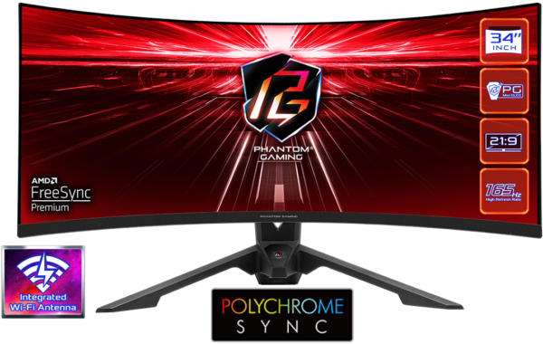 Монитор 34" ASRock PG34WQ15R3A VA 3440x1440@165Hz 1мс 550cd/m2 3000:1 Curved 2xHDMI DP Black