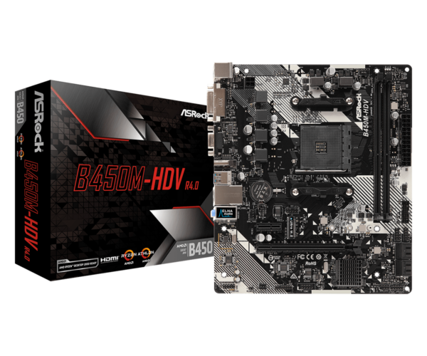 Материнская плата ASRock B450M-HDV R4.0 AM4 2xDDR4 4xSATA3 1xUM.2 HDMI DVI-D D-Sub mATX