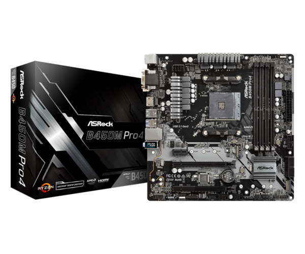 Материнская плата ASRock B450M PRO4 R2.0 AM4 4xDDR4 4xSATA3 1xUM.2 1xM.2 D-Sub+DVI+HDMI mATX