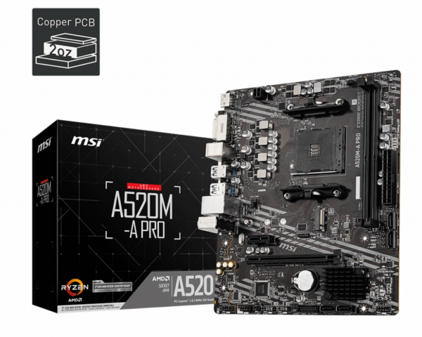 Материнская плата MSI A520M-A PRO AM4 A520 2xDDR4 4xSATA3 RAID 1xM.2 HDMI DVI mATX